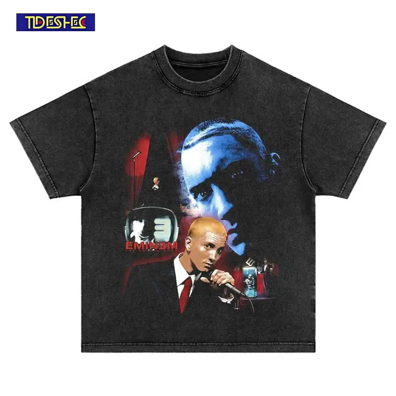 Harajuku 2025 Vintage Take Microphone Men Portrait Streetwear Loose T-Shirt Printed Hip Hop Oversize Cotton Tshirt Washed Tops