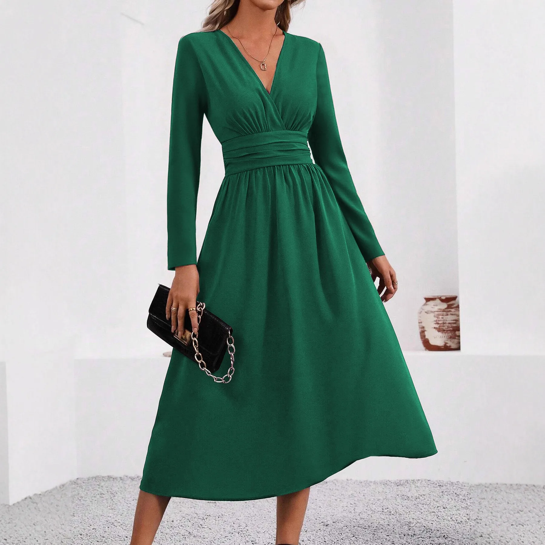 Pleated Waist Dresses Long Sleeve Maxi Length Elegant and Refined with Elastic Waist Regular Sleeve a Line V Neck Women Dress