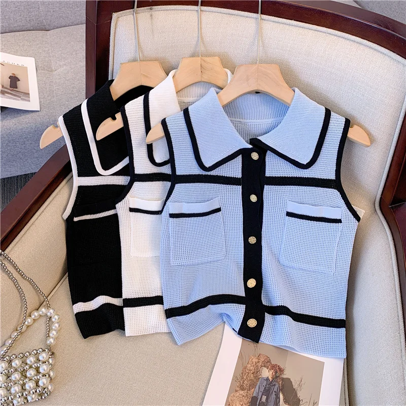 2024 Summer Elegant Vintage Knit Sweater Vests Women Cardigan Crop Tops Sleeveless Single-breasted Stylish Fashion Chic Knitwear