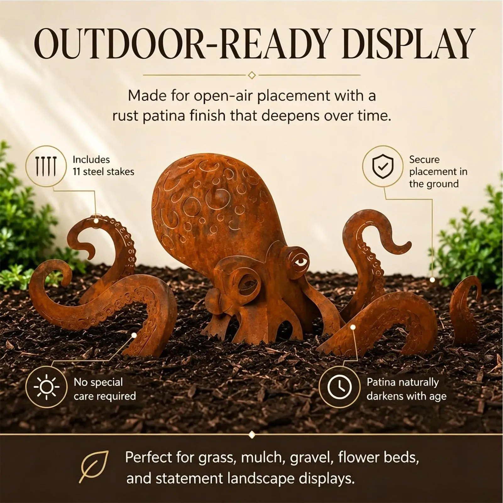 Estatua de Pulpo Vintage de Hierro, Escultura de Calamar, Figura de Arte Costero, Pulpo Gigante Oxidado para Jardín, Camino, Parque, Patio Trasero