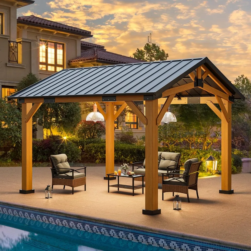 

10x12FT Wood Gazebo Outdoor Hardtop Spruce Frame Canopy With Galvanized Steel Top Pavilion Gable Roof For Lawn