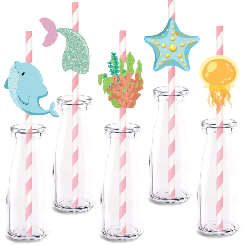 

12pcs Disposable Paper Straw with Mermaid and Marine Biology Shaped Decor Cards Child Birthday Party Use Cute Theme Tableware