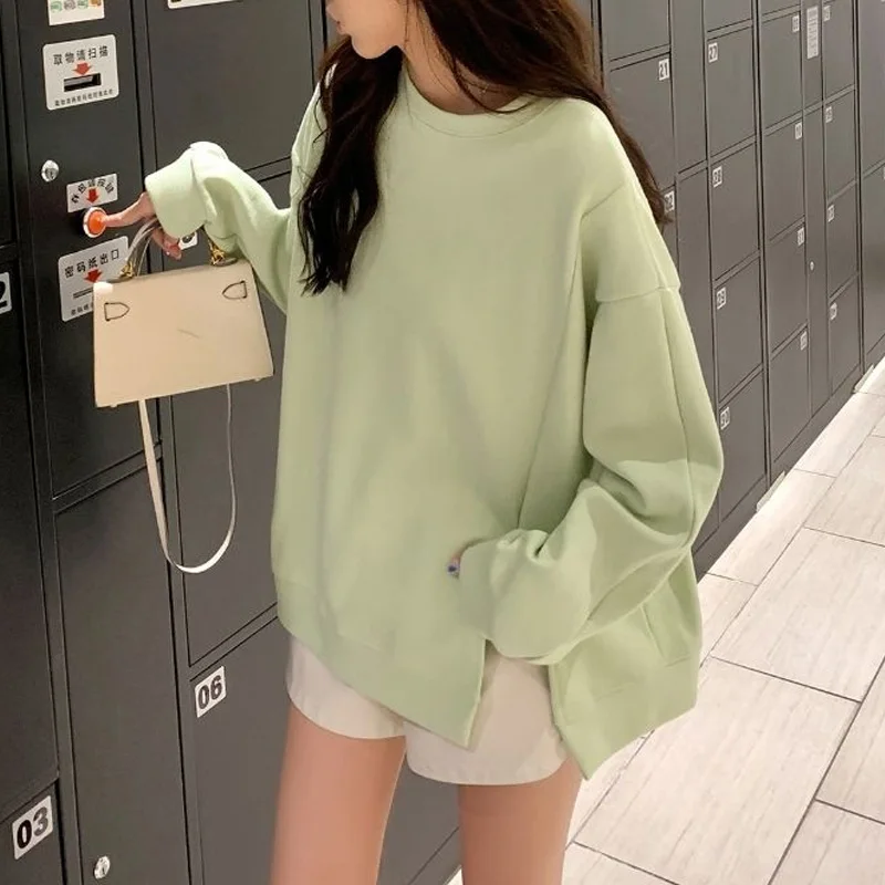 2023 New Spring and Autumn Korean Edition Fashion Simple Round Neck Loose Casual Small Split Slouchy Versatile Women's Sweater