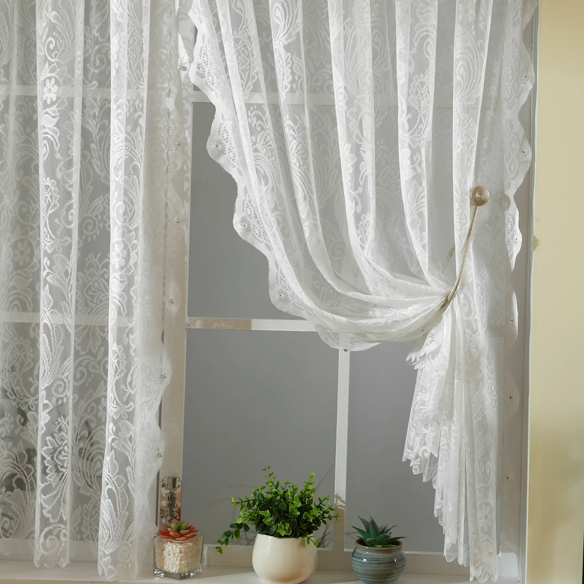 1pc Romantic White Lace Sheer Curtain，Rod Pocket，Floral Embroidery Short Gauze Curtain for Living Room，Kitchen Cabinet Curtain