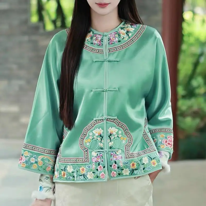 High-end Spring Autumn New Acetate Coat Embroidery Flowers and Birds Women Elegant Loose Lady Top S-XXL