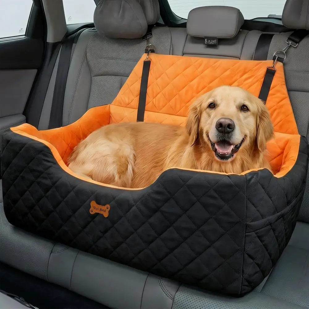 Portable Memory Foam Dog Car Seat with Storage, 2 Safety Leashes, Washable Cover, and Travel Bed for Medium Dogs up to 55 lbs, B