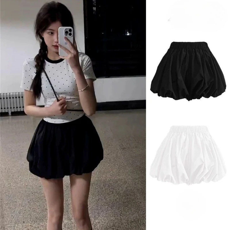 

Kawaii Clothes Black Flower Bud Skirt-Pants Women New Versatile A-line Cloud Puffy Cake-style Mini Skirt Y2k Skirts White