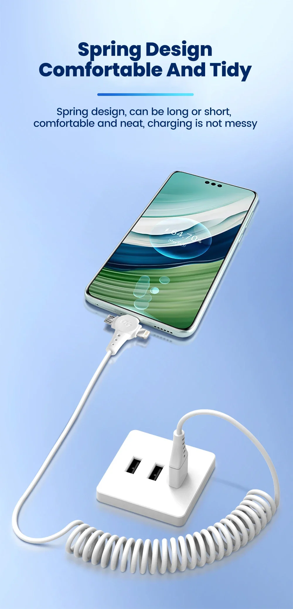 120W 3-in-1 Mobile phone fast charging data cable For iPhone Huawei Xiaomi Super fast charging spring retractable data cable