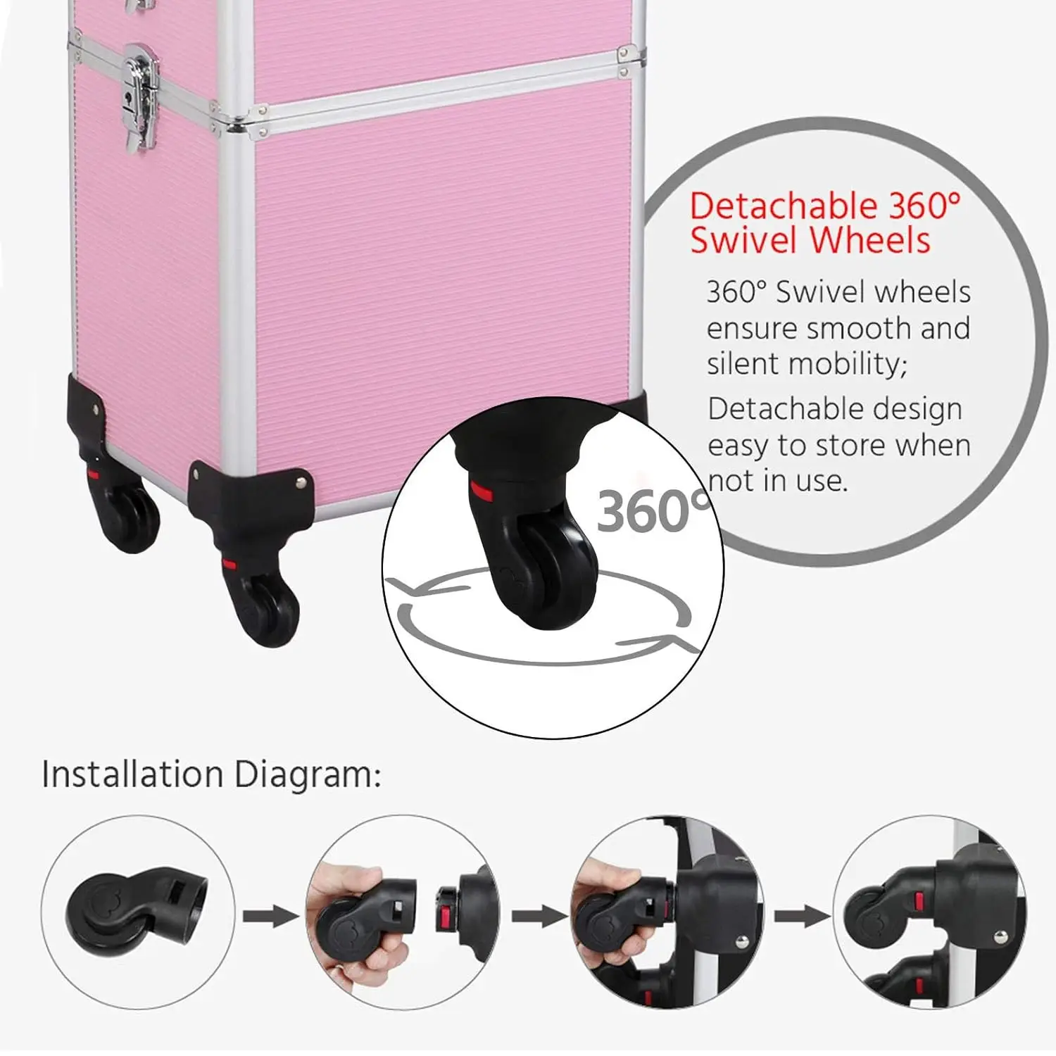 4-in-1 Rolling Cosmetic Trolley with Removable Wheels, Pink Makeup Case Organizer for Travel view 5