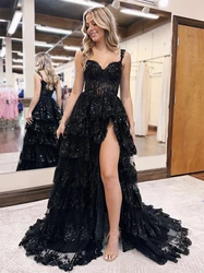 Luxury Black Prom Dresses Lace Appliques Slit Gala Formal Evening Gown For Women's Tiered Sequin Long Party Dresses See Through