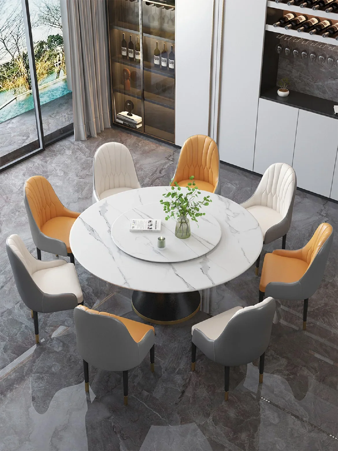 Rock plate dining table and chair combination home hotel large round table round with turntable for eight people