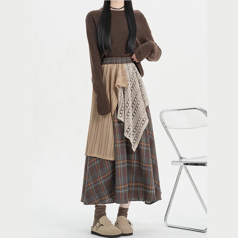2026 Autumn Winter Women Vintage Brown Irregular Lace Patchwork Plaid A Line Midi Skirt Elastic High Waist Long Skirt