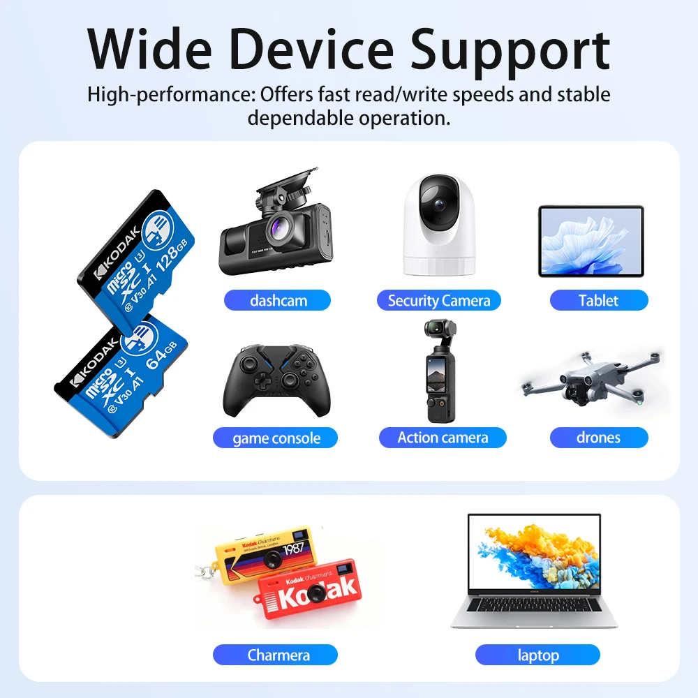 Karta Micro SD Kodak KD360 32GB/64GB/128GB/256GB U3 V30 A1 do kamery samochodowej, kamery bezpieczeństwa, smartfona, drona, wideo 4K, szybka — zdjęcie 6