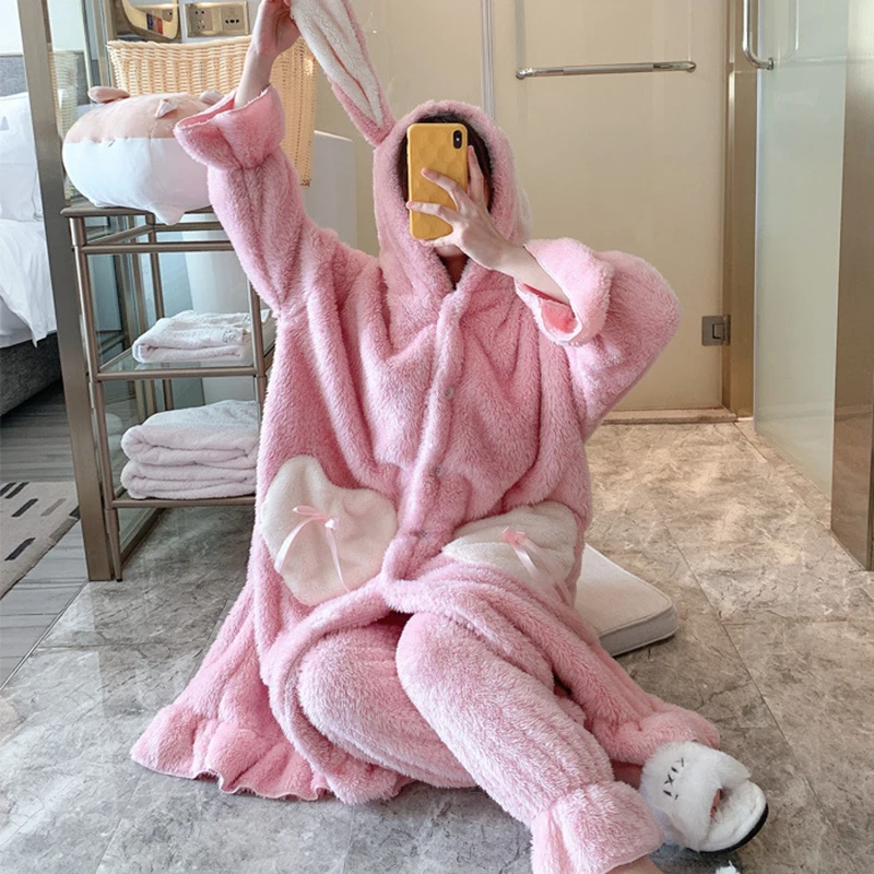 Sweet Cute Long Ear Hooded Robe With Pants Suit Women\'s Winter Flannel Pyjamas Two-piece Set Nightgown Set Warm Nightdress Set