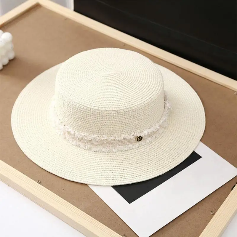 652F Handmade Straw Hat Elegant Braided Belt Decorated Sun Hat for Women Party British Beach Hat Straw Lady Knitted Straw Hat