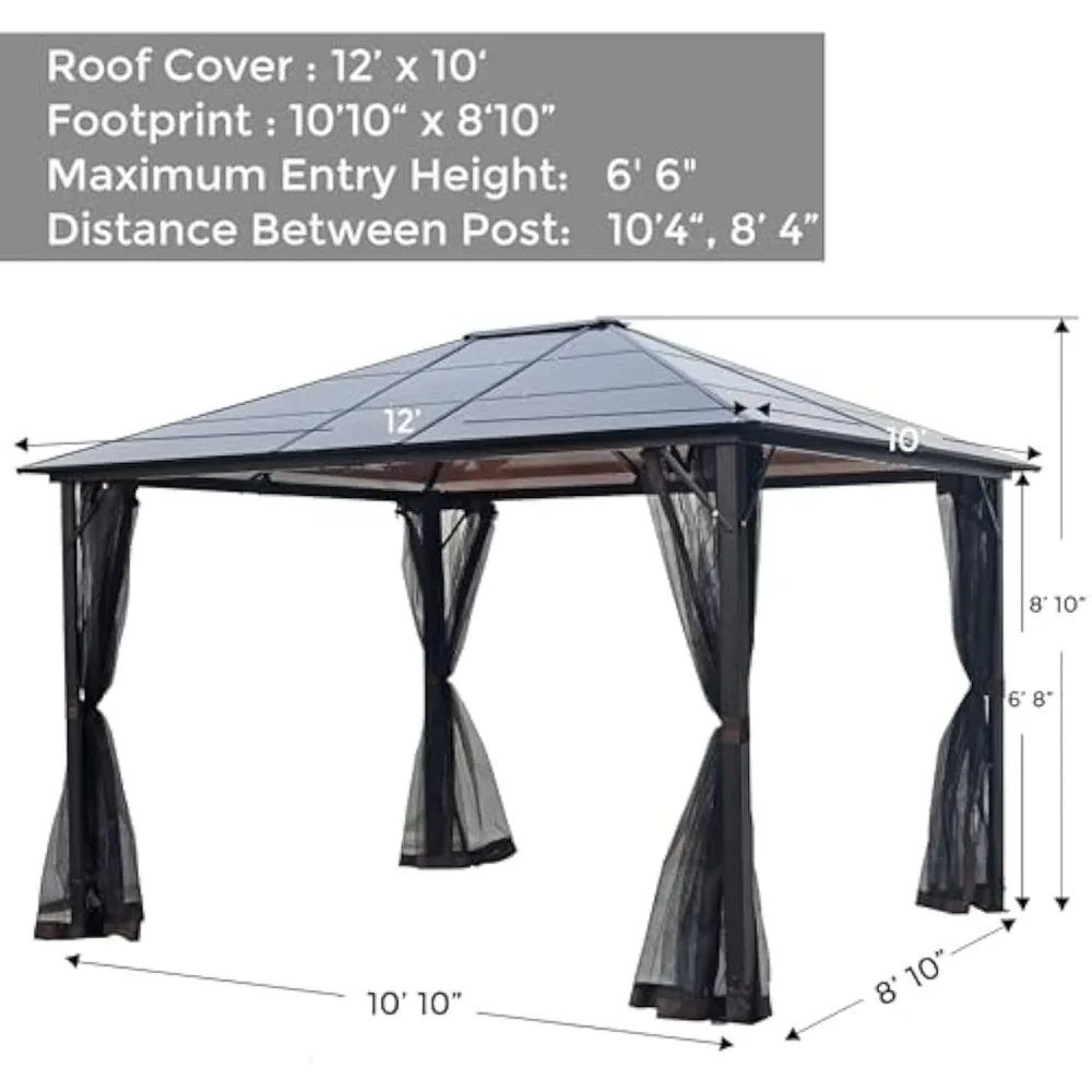 Hardtop Gazebo, Outdoor Polycarbonate Gazebo with Single Roof Canopy, Aluminum Frame Permanent Pavilion, 10'x12'