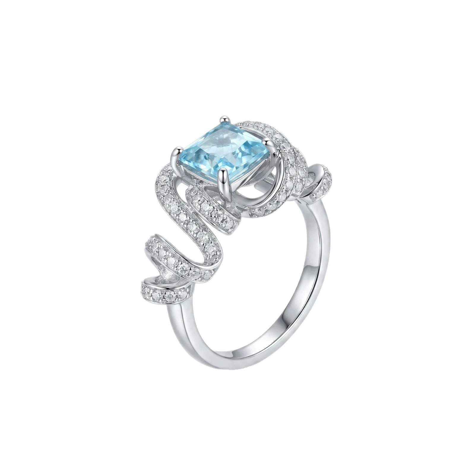 Silver Tone Square Light Blue Crystal Ring for Women, Twisted Snake Wrap Paved Clear Zircon Statement Cocktail Jewelry Gift ﻿