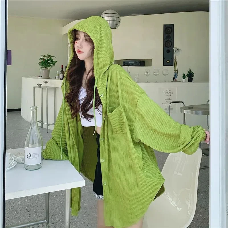 2024 Oversized Women\'s Hooded Spliced Fashion Loose Shirt New Spring/Autumn Solid Color Vintage Long Sleeve Shirt Sunscreen Coat