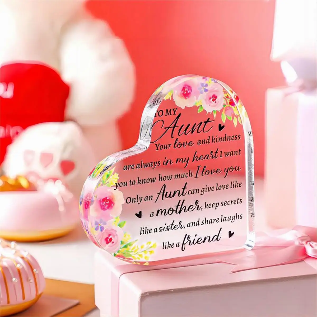 Your Love And Kindness Always In My Heart Aunt Acrylic Decor,Watercolor Pink Rose Heart Acrylic Table Sign Gift For Aunt Keepsake