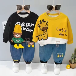 2023 New Boys' Plush Cartoon Hat Little Bear Printed Long Sleeve Pants Set Girls' Long Sleeve Warm Cute Set Baby Clothing