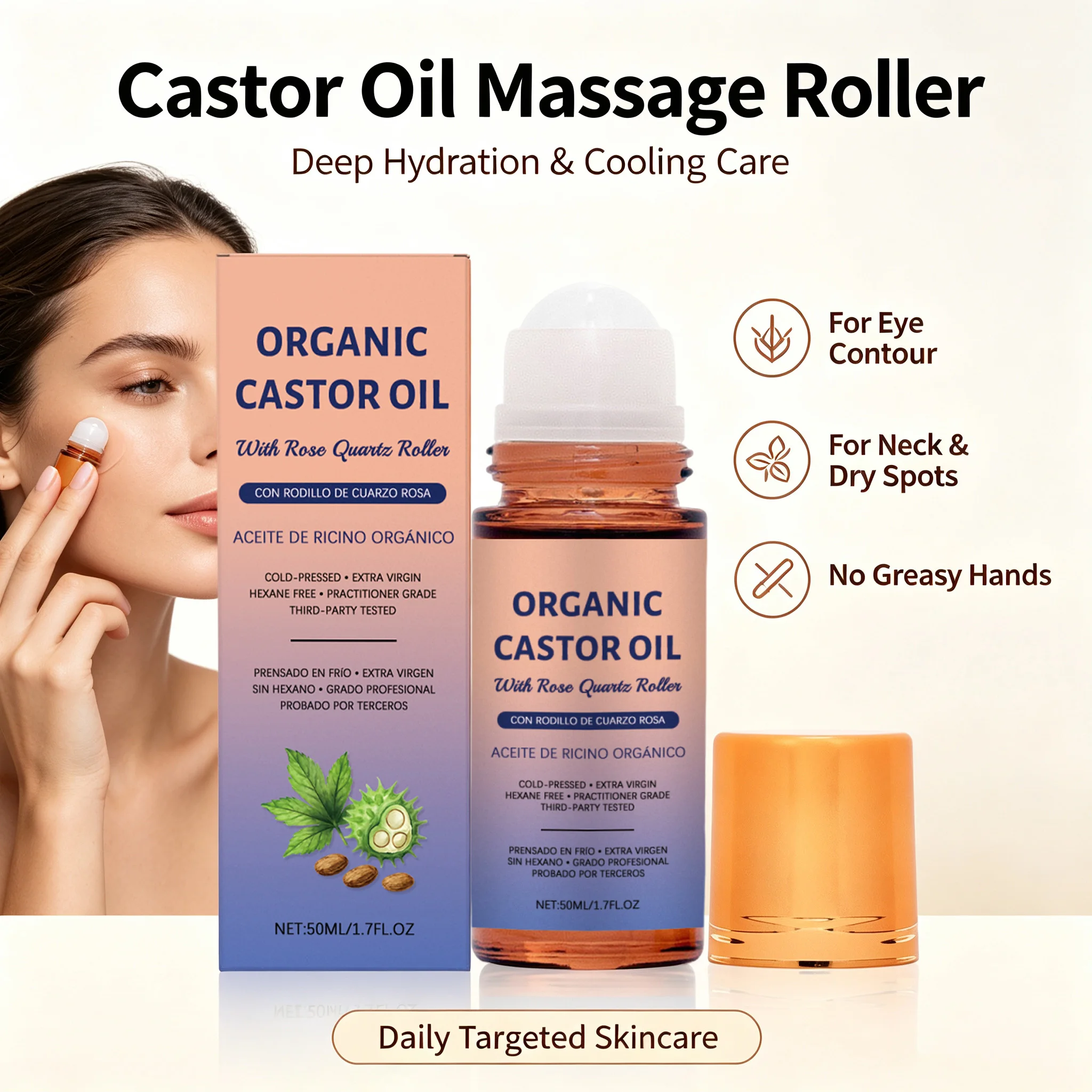 Organic Castor Oil With Rose Quartz Roller Deep Botanical Nourishing Soothing Moisturizing Cooling Massage For Face Body CareOil
