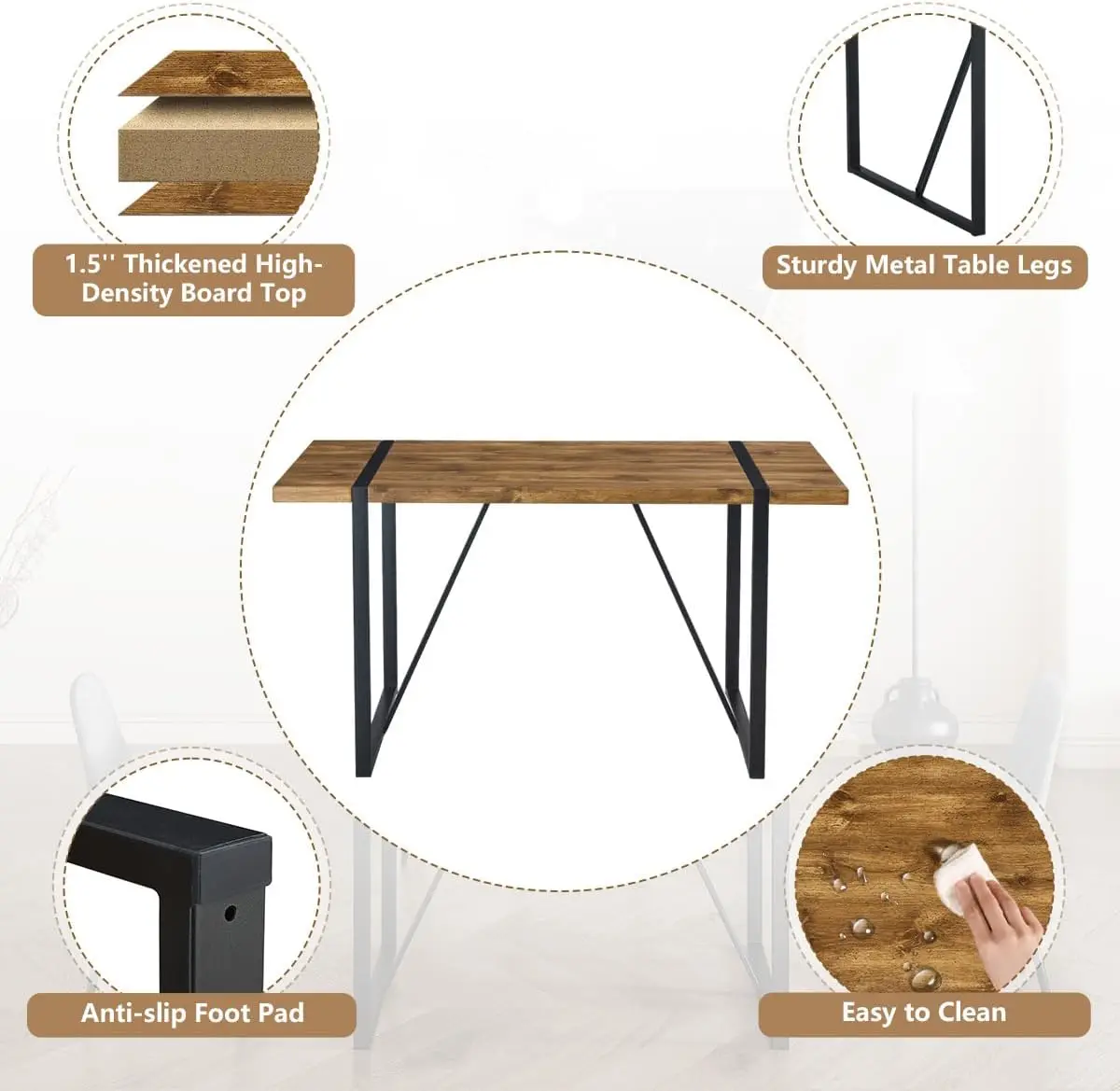 Dining Table Set for 4, 55' Kitchen Table with 4 Suede Chairs, 5-Piece Set