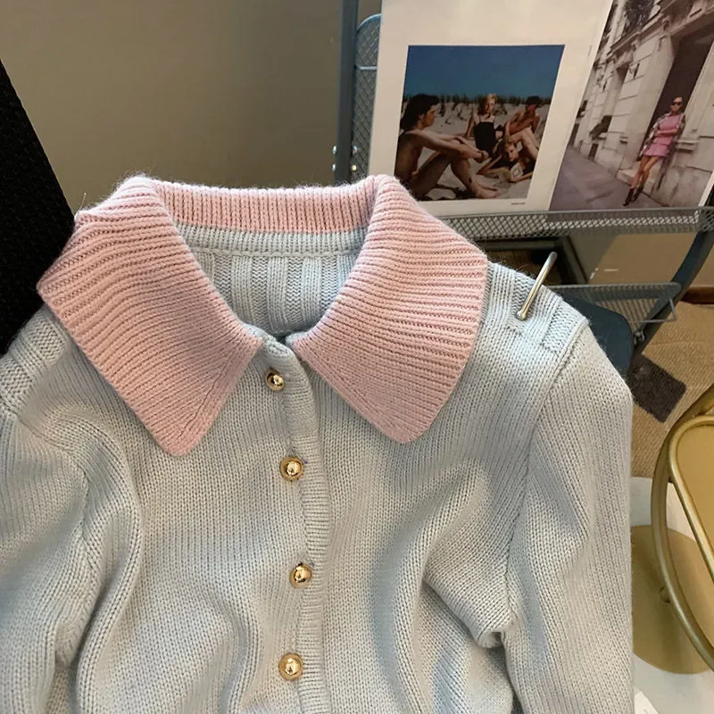 DAYIFUN-Women's Peter Pan Collar Knitted Cardigans Sweet Sweaters Korean Chic Single Breasted Patchwork Top Spring Autumn Jumper