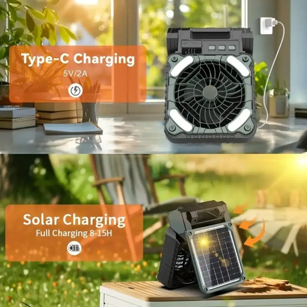 5200mAh Outdoor Solar Fan 90° Folding 4 Speeds Camping Fan with LED Light Low Noise Brighter LED Lantern Portable Tent Fan