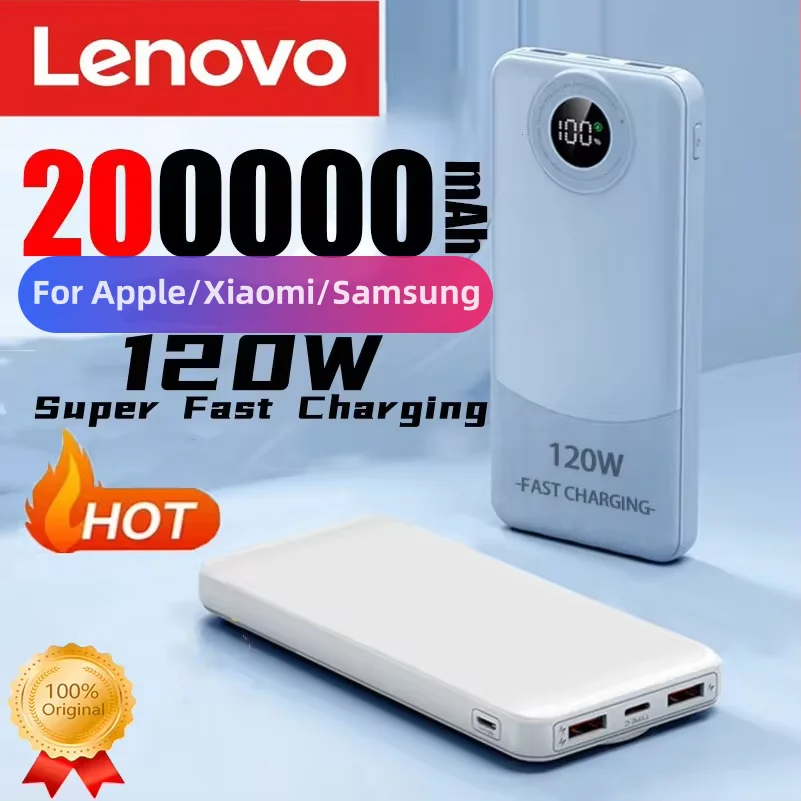 Lenovo-Batería Externa de gran capacidad, cargador portátil de carga rápida de 200000 W, 120 mAh, para iphone y Xiaomi