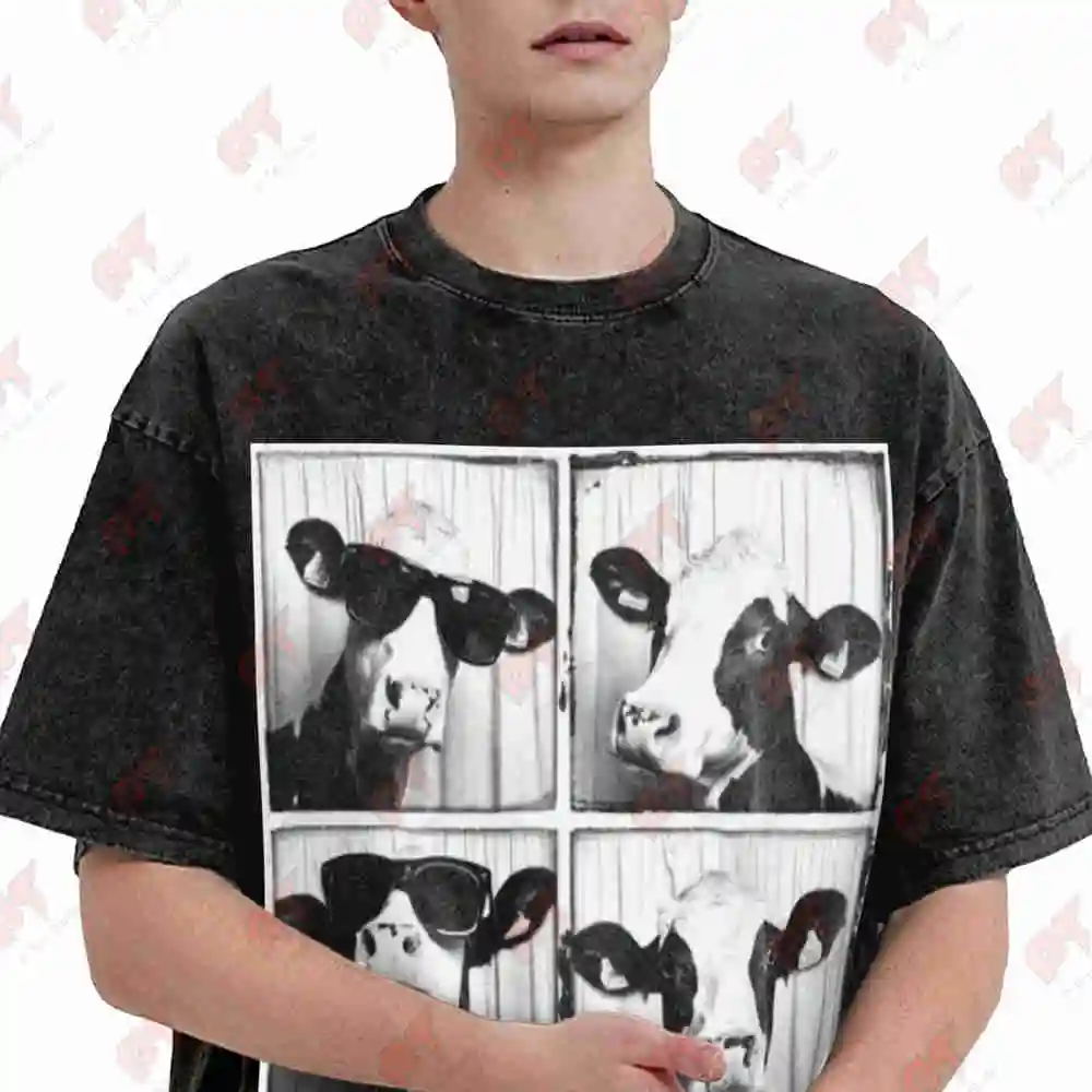 Funny Cow With Glasses Farm Animal Vintage Washed Tee Pure Cotton T-Shirt