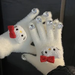 Cute Ruby Sparkling Diamond Gloves for Women's Winter Warmth Glutinous HelloKT Plush Gloves Thickened Warm Student Finger Cover