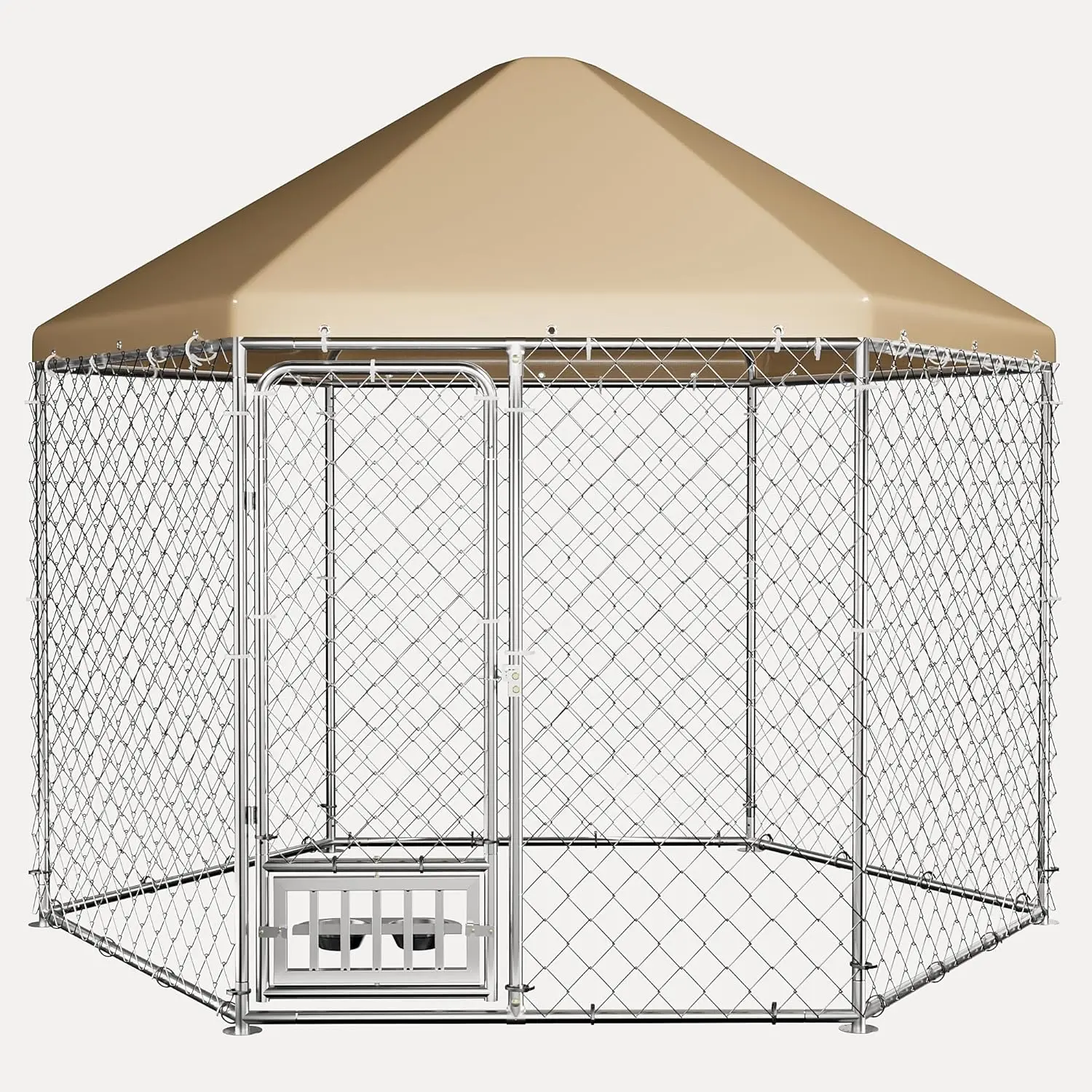 

Outdoor Dog Kennel with Roof, Large Dog Kennel Outdoor with Rotating Feeding Bowls,Heavy Duty Hexagonal Dog Pens Outside for Bac