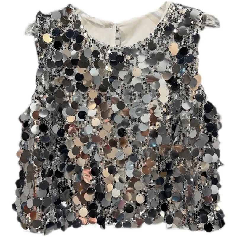 Printemps 2026 paillettes Performance poids lourd gilet ample t-shirt femmes trajet Sle Polyester Fiber couleur Pure Faion article