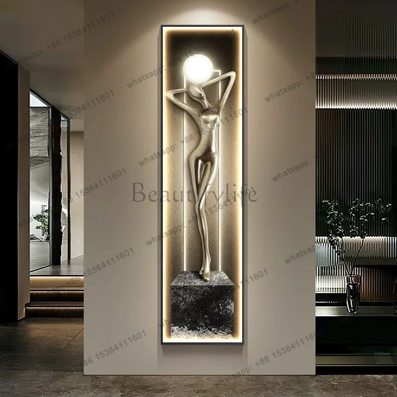 Light luxury metal sculpture art figure entrance porch decorative painting abstract slender strip can shine
