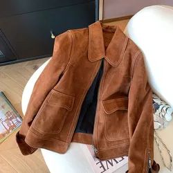 High Quality Appearance Level Maillard's New Fall Brown Chic All-in-one Blazer with Suede Lapel Skinny Coat 2025 Vintage Short