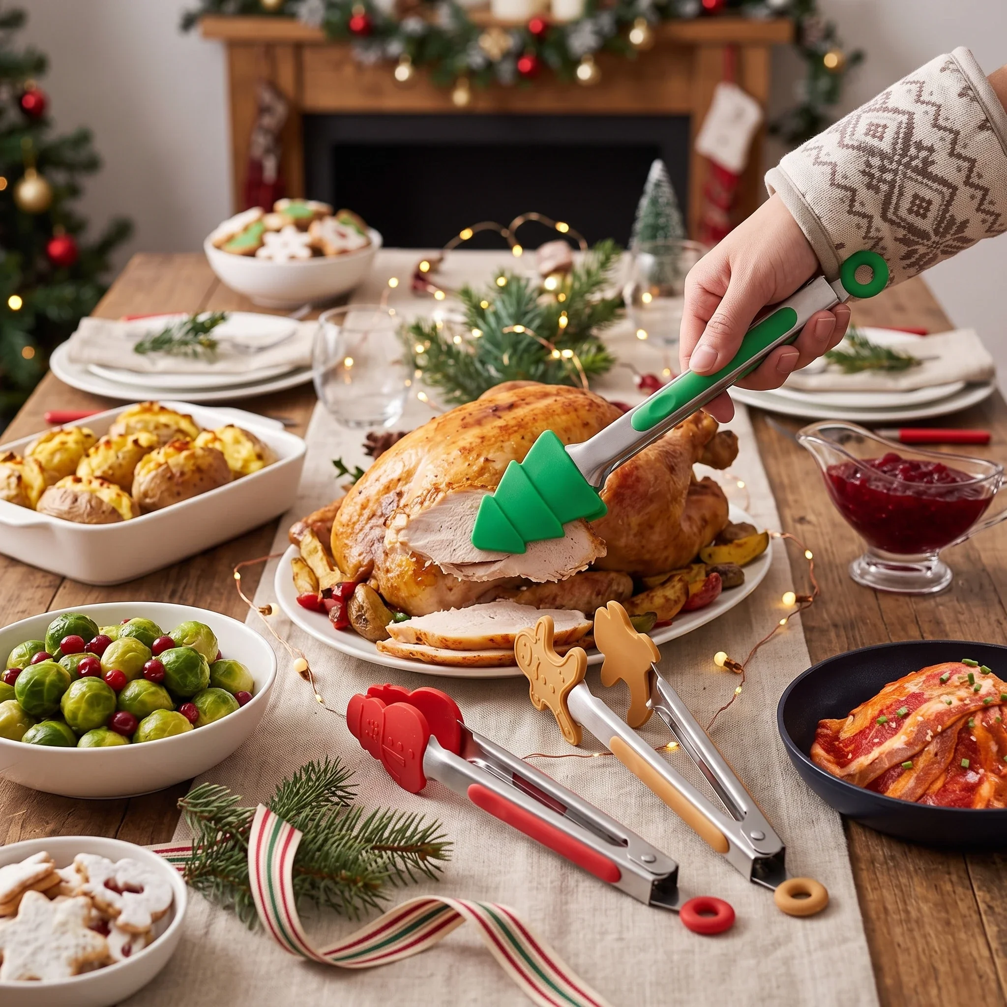 Christmas Kitchen Tongs Stainless Steel Silicone Gingerbread Man Snowman Tree Food Tongs for Cooking Baking BBQ Party Supplies