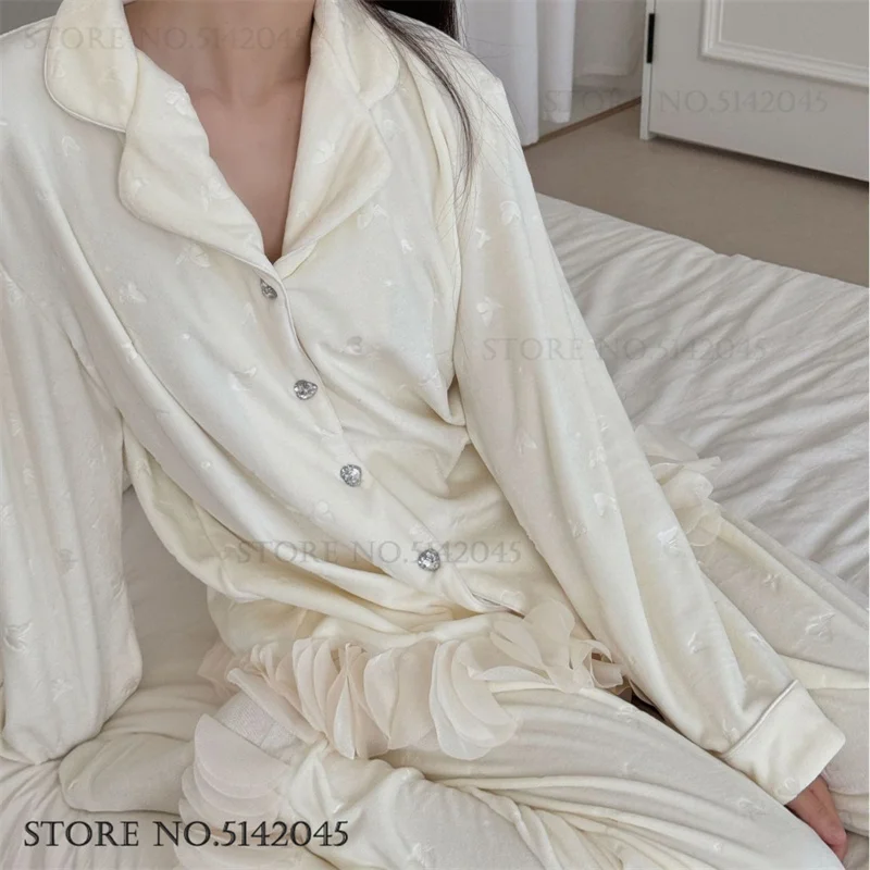 

Thicken Island Velvet Women's Pajamas Set Sleepwear Double-Faced Flannel Trouser Pijamas Suit Homewear Elegant Lace Loungewear