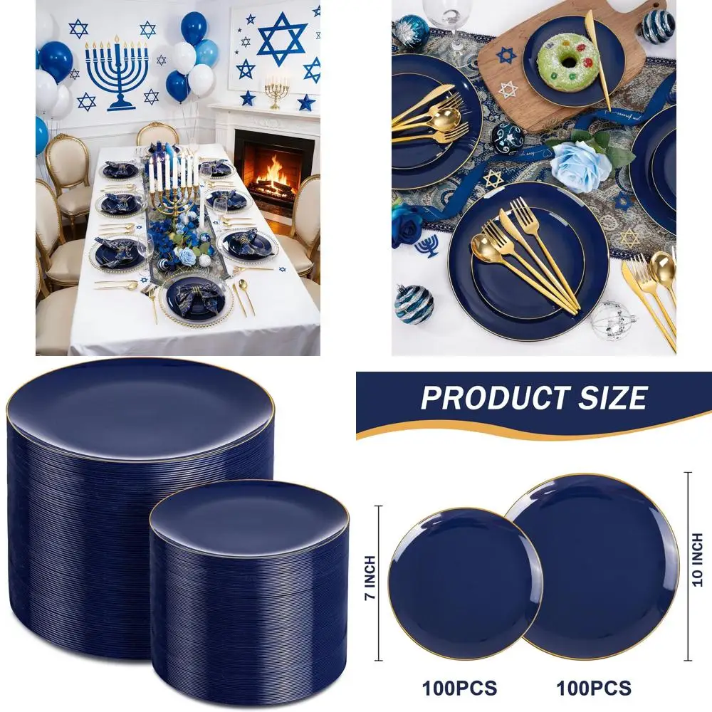 

100 Navy Blue 10 Dinner & 100 7 Gold Dessert Plates - Disposable Plastic for Parties & Hanukkah