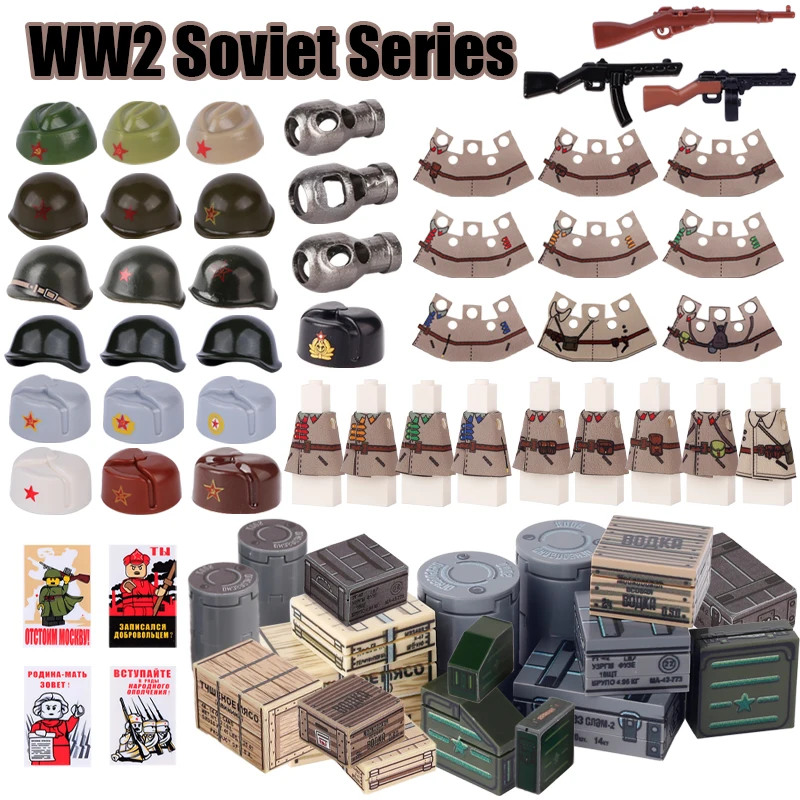 WW2 Military Soviet Red Army War Helmet Weapon Pack Tank Muzzle Printed Accessories Building Blocks Coat Cloak Bricks Toys Gifts