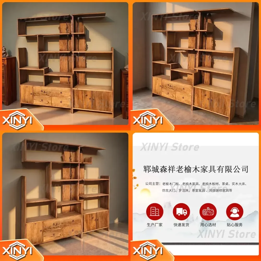 Wabi Sandy Wind Old Elm Bookshelf for Retro Homestay Wall Shelf Multi-layer Storage Rack Weathered Solid Wood Display Rack