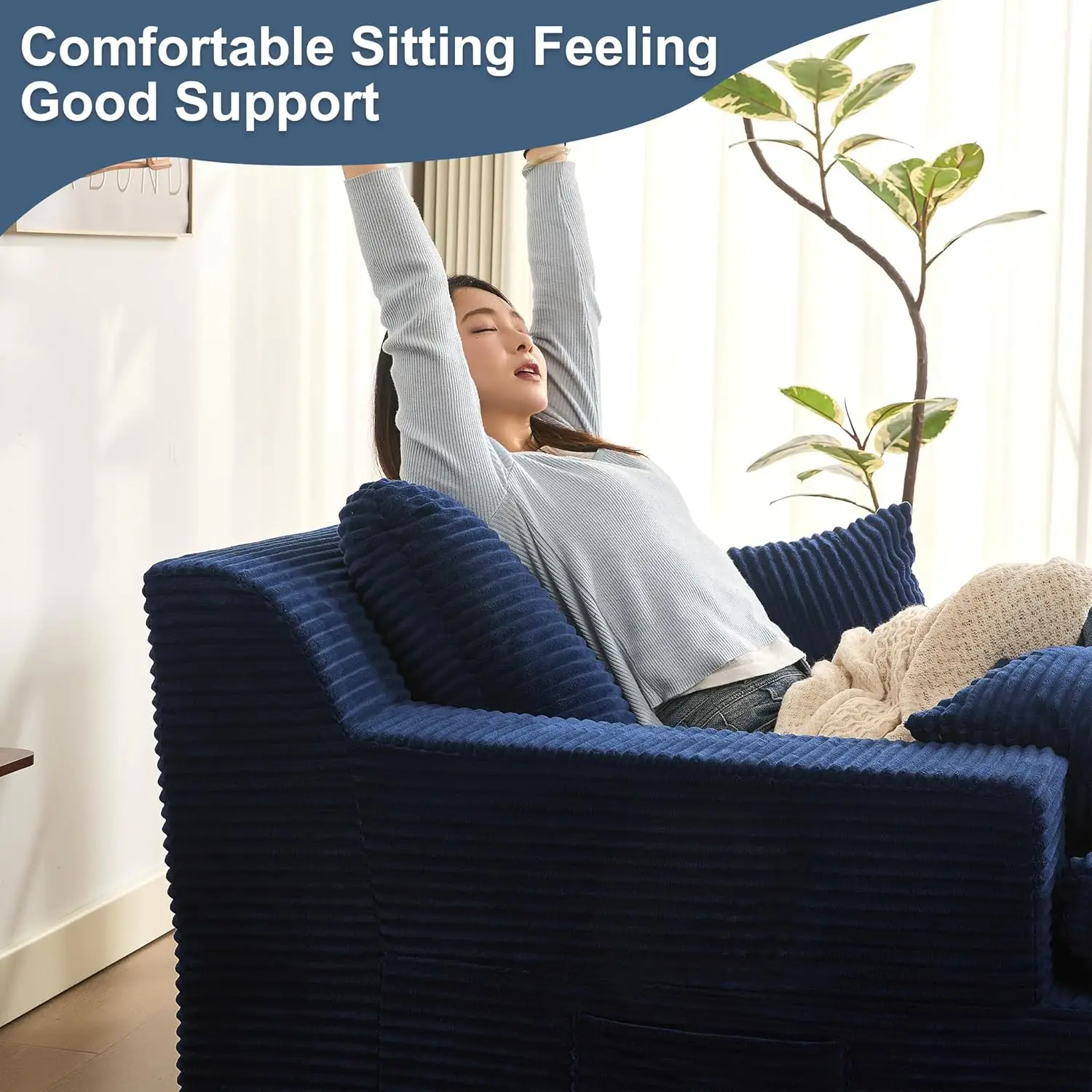 كرسي استرخاء بونيل كبير الحجم مقاس 63 بوصة، سرير أريكة قابل للتحويل مع وسائد قابلة للإزالة وجيوب جانبية، سروال قصير أزرق، مساند للذراعين