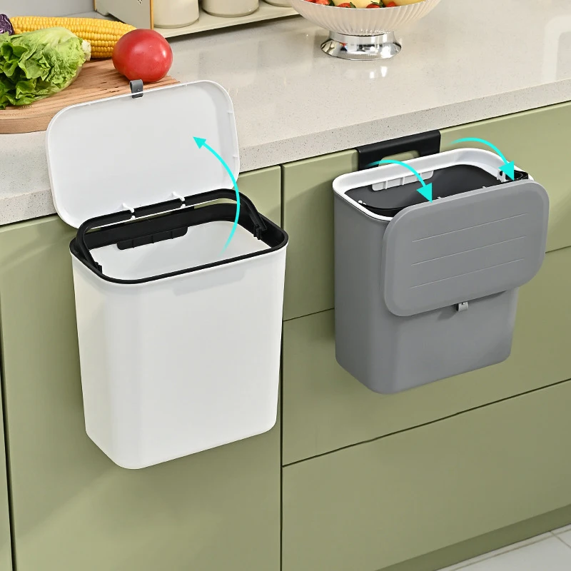 Cubo de basura colgante con adhesivo, cesta de basura de reciclaje de cocina de gran capacidad, cubo de basura montado en la pared del baño con tapa