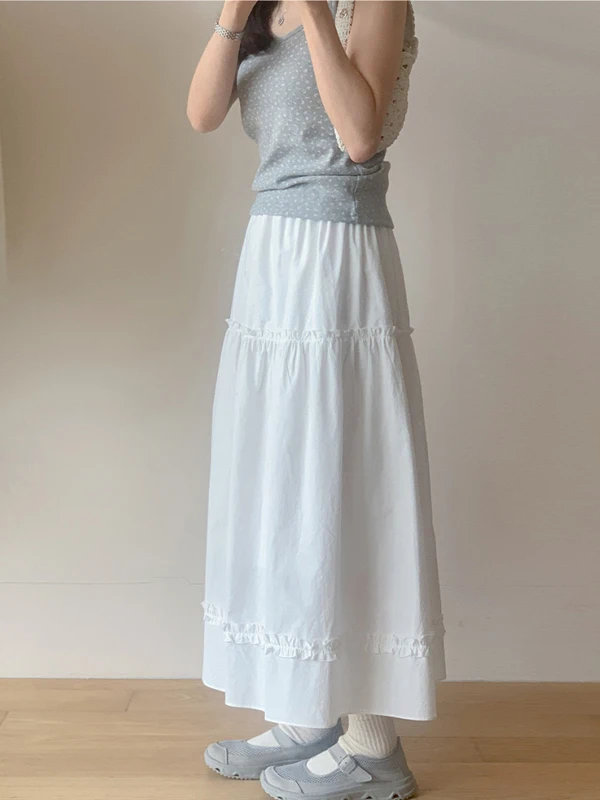 White A-Line  Skirt Women's Loose Waist Gored Hem Long Spring Faion Fre Age-Defng Skirts Korean Sle High Waist
