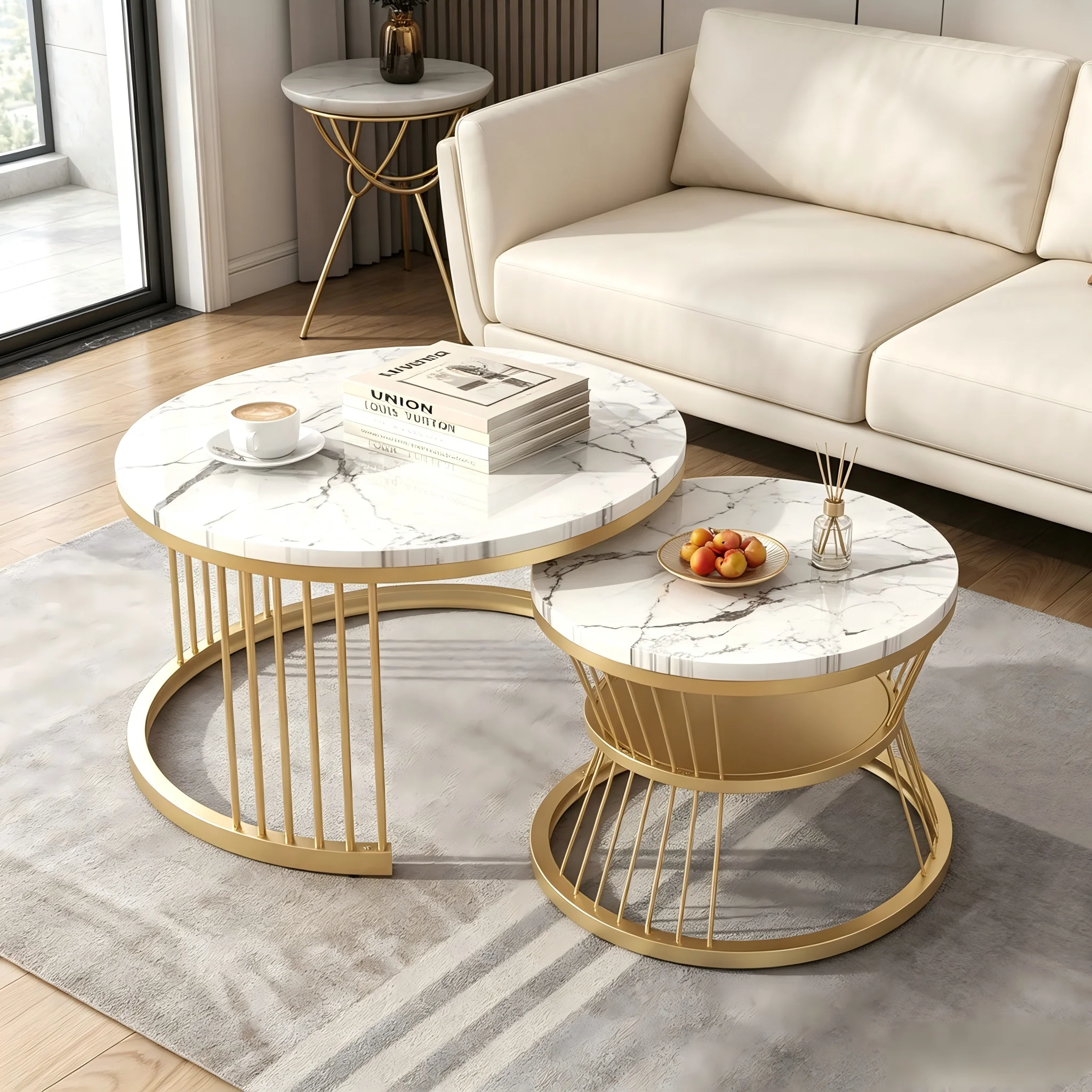 Fangange Nesting Couchtisch-Set, 2-teilig, 2-stufige runde Tischplatte mit goldenem Metallrahmen, moderner runder Beistelltisch für Wohnzimmer & Home-Office, Tischplatte mit Marmorfurnier, goldene