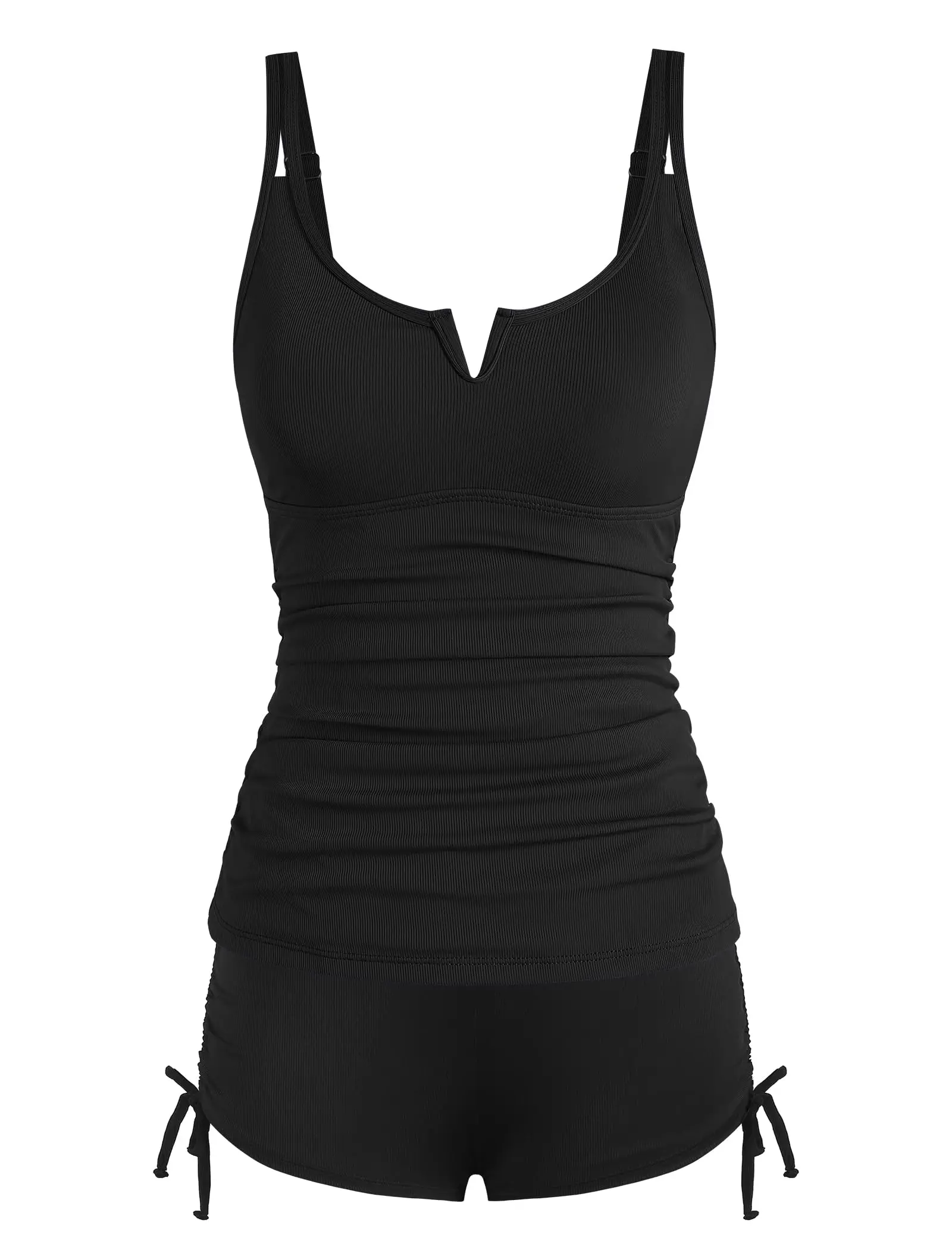 レディース V ワイヤー タンキニ水着 お腹コントロール ラッフルトップ ツーピース水着 ハイウエストショーツ付き