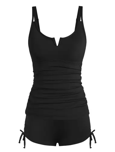 Imagen 2 del producto Trajes de baño tankini con alambre en V para mujer, trajes de baño de dos piezas con top fruncido y control de barriga y pantalones cortos de talle alto
