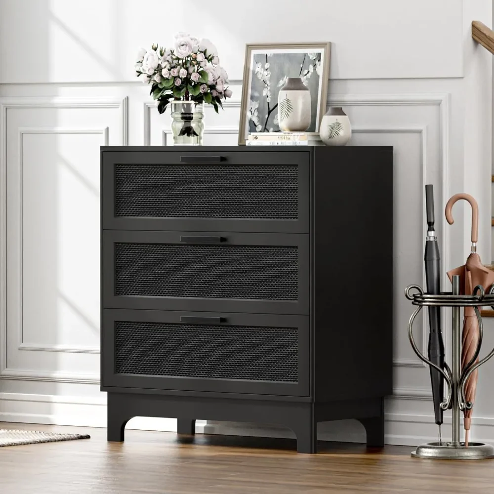 

Dresser,15.7"D x 31.5"W x 35"H 35" H Farmhouse Black Rattan , Polished,3 Drawer with Natural Rattan Spacious Chest of Drawers