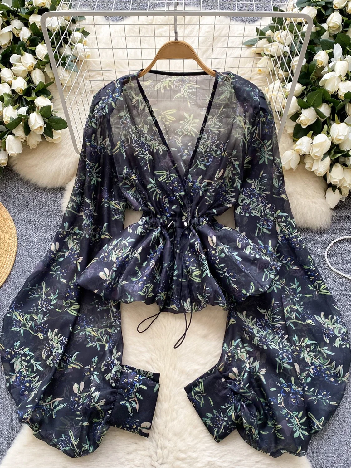 

Ele European Sle Women's irt Dstring Waist V-Ne Lantern Sve Thin Me Top Korean Loose Fit Long Sve