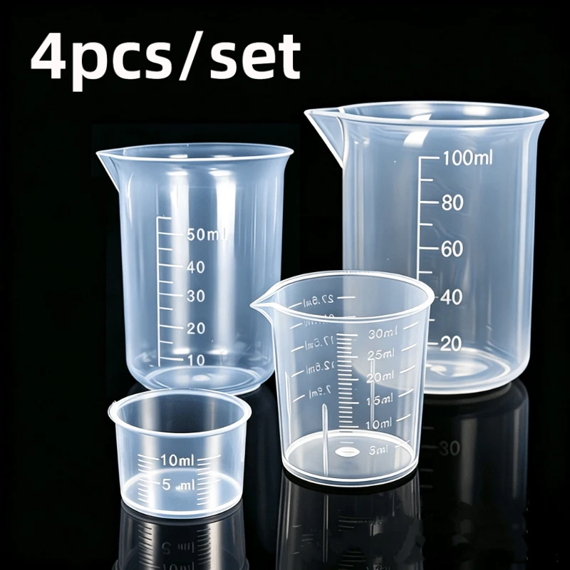4or12pcs Small Plastic Graduated Beakers Set, Transparent Laboratory Measuring Cups (0.34/1.01/1.69/3.38 Oz). Reusable