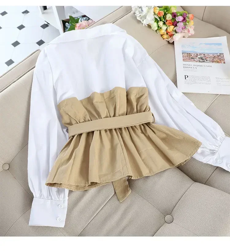 Woherb Korean Fashion Blouse Women Patckwork Fake Two-Piece Shirt Tops 2024 Summer Female Elegant Ruffle Blusas Belt Shirts